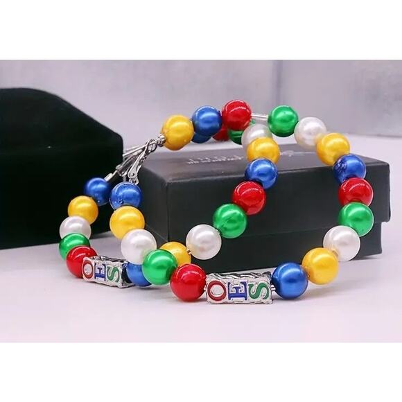 OES Eastern Star Earrings with White, Blue, Yellow, Red & Green Pearls - Picture 5 of 5